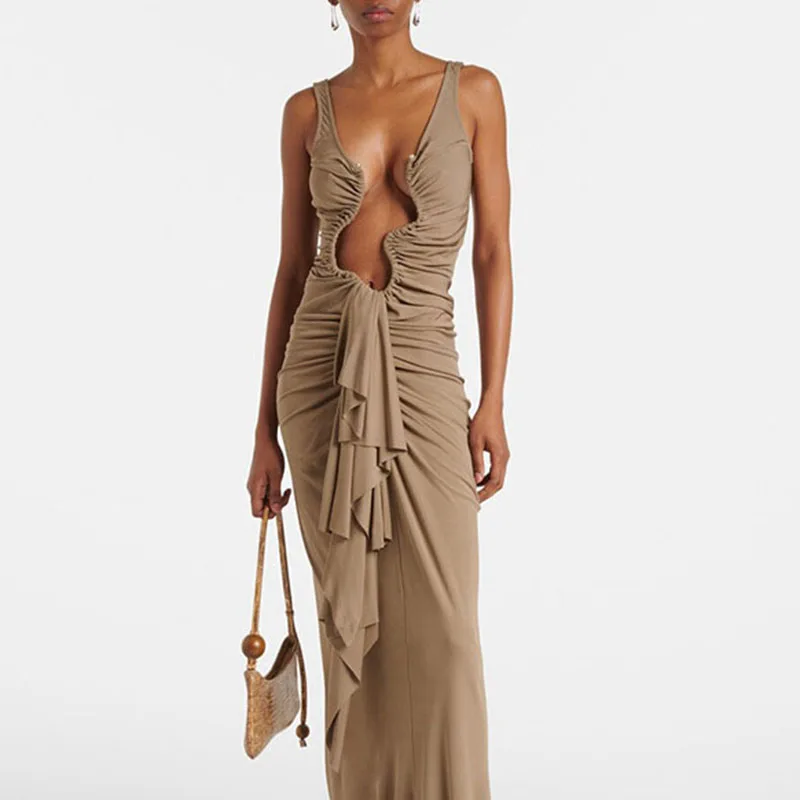 Primavera Verano sin mangas elegante vestido largo mujer Sexy U asimétrico hueco volante vestido de fiesta elegante sólido ajustado vestido con cremallera sin espalda