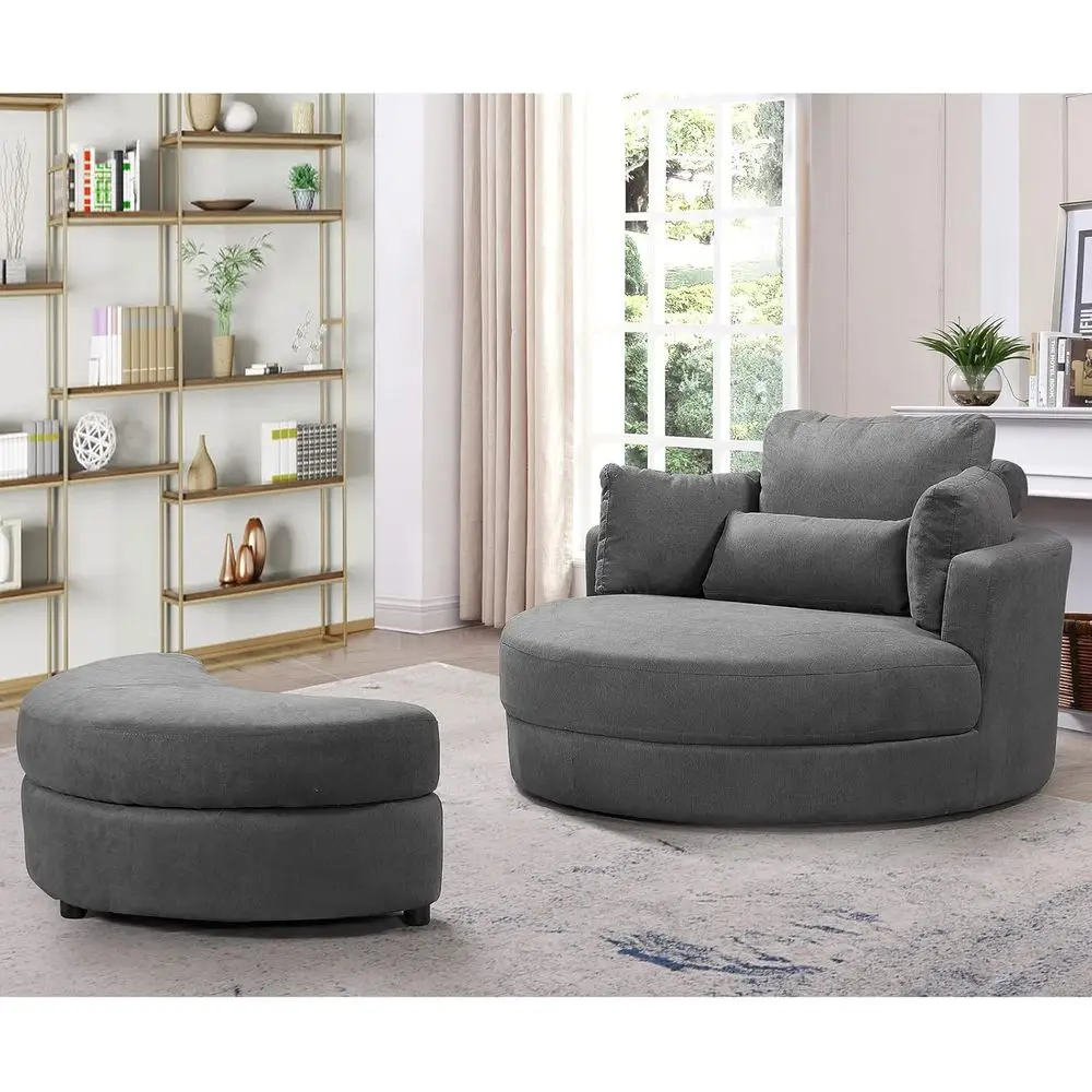 

Swivel Barrel Chair with Storage Ottoman, 51 Accent Lounge Chair, Linen Fabric Round Chair with 3 Pillows for Living Room (Gray)