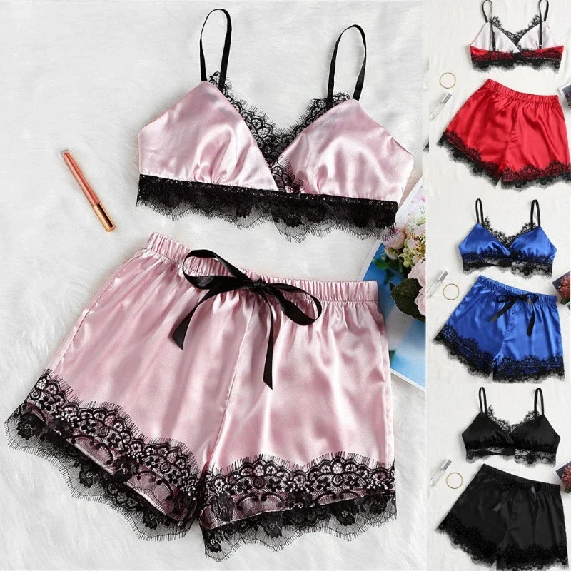 Women Pajama Sexy Lingerie Sexy Lace Split Sleepwear Set 2-piece Set of Camisole Underwear Lace Shorts Hot Women's Night Shirts