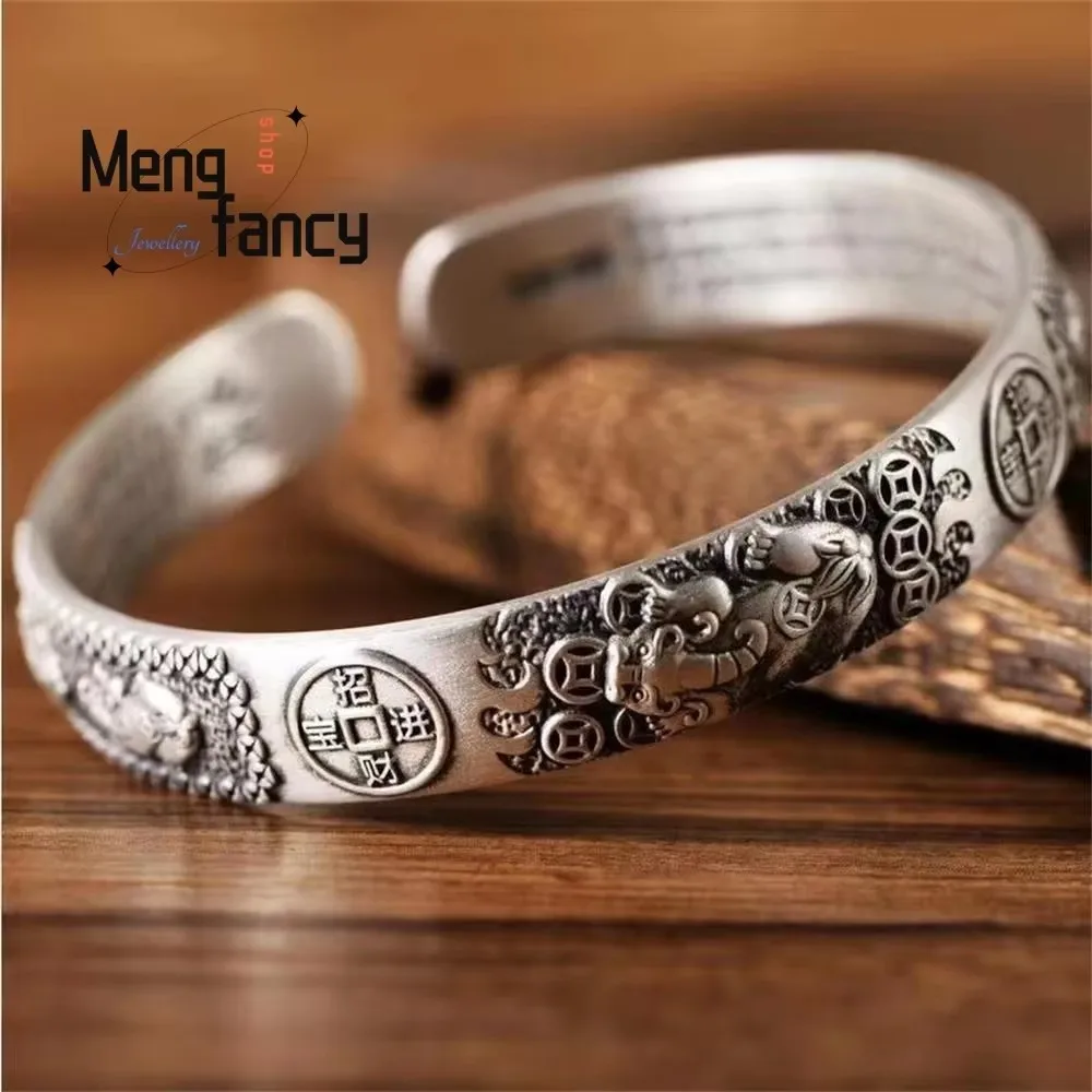 

Винтажный браслет в этническом стиле из серебра 999 пробы с уникальным дизайном Пи Сю и Сутрой Сердца, простое изысканное модное украшение, бестселлер, праздничный подарок