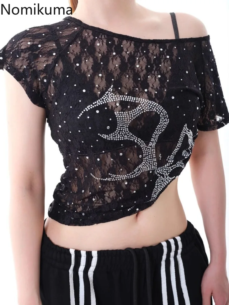

Gauze Sexy Woman Tshirts Short Sleeve O-neck Tees Fashion Camisetas Diamond Lace See Through Y2k T-shirt Off Shoulder Crop Tops