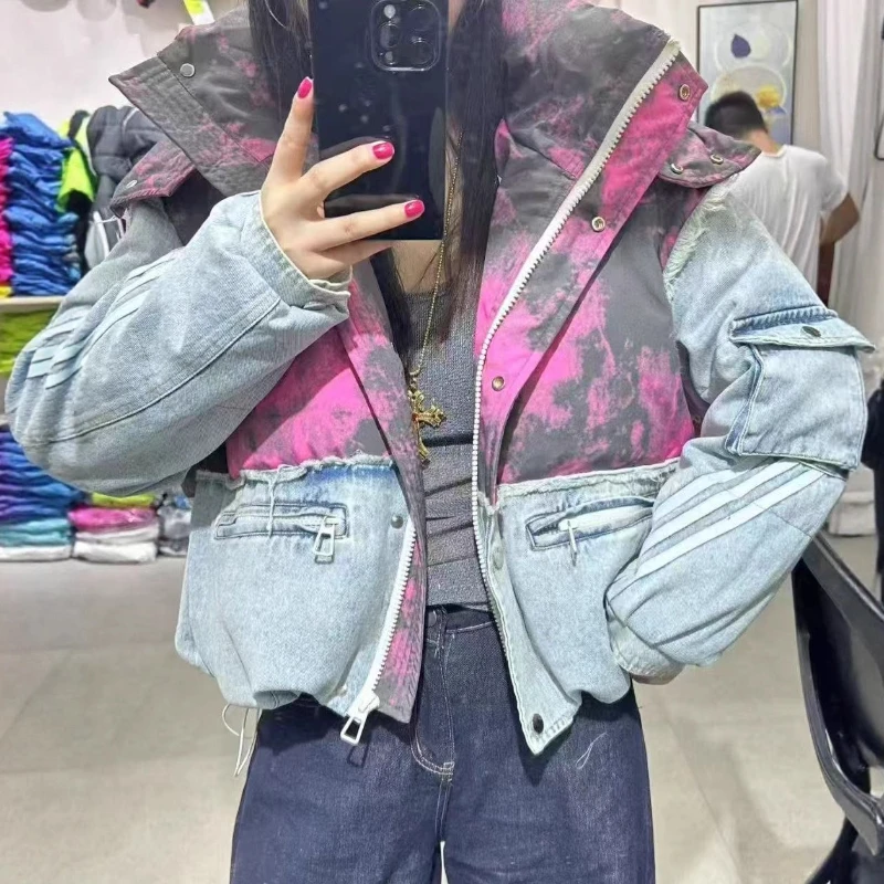 Damska kurtka puchowa na zimę 2025, ocieplana, modna, casualowa, parka z denimowymi przeszyciami, nowa, z odpinanym kapturem, 90% biały puch kaczki.