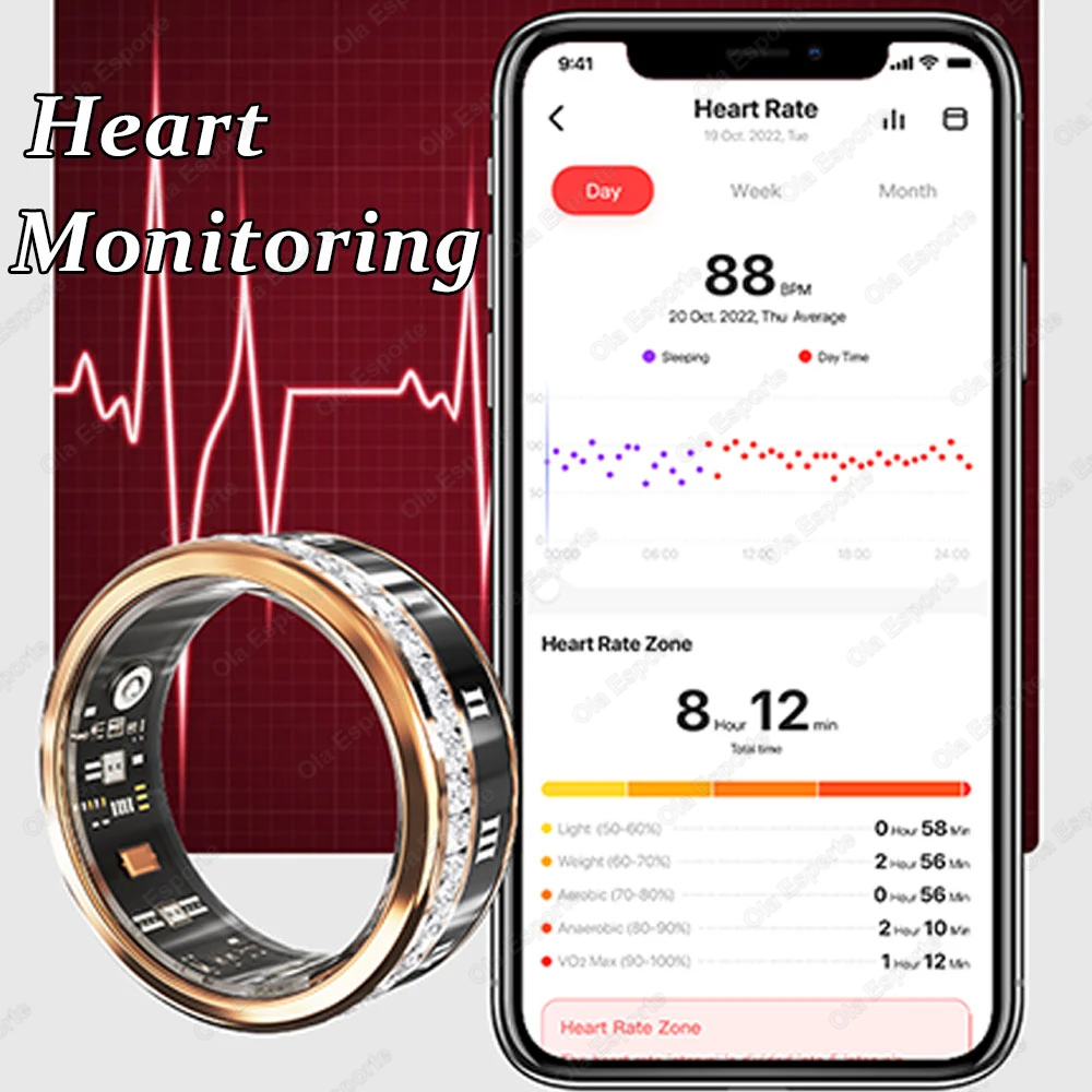 Anel inteligente de diamante para xiaomi samsung, anel de pressão de frequência cardíaca, oxigênio no sangue, monitoramento do sono, ip68, à prova d'água, modos esportivos