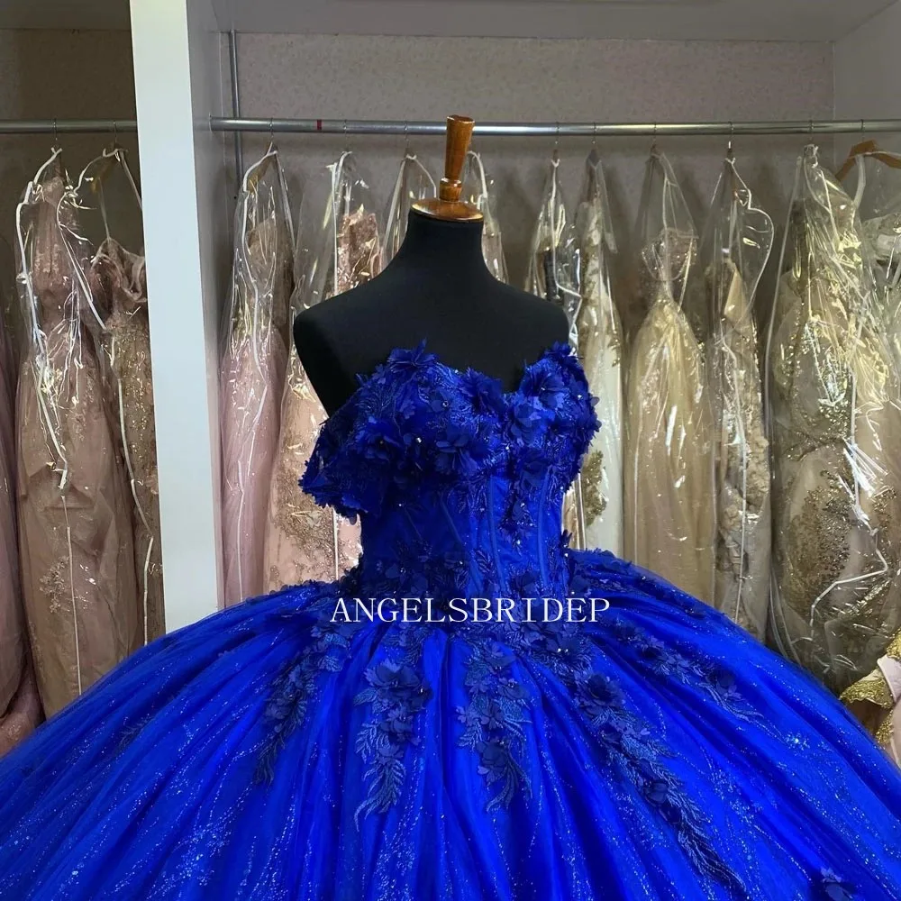 Angelsbridep-Vestido De fiesta con flores 3D para quinceañera, traje De fiesta De cumpleaños De 15 años, color azul real, 2023