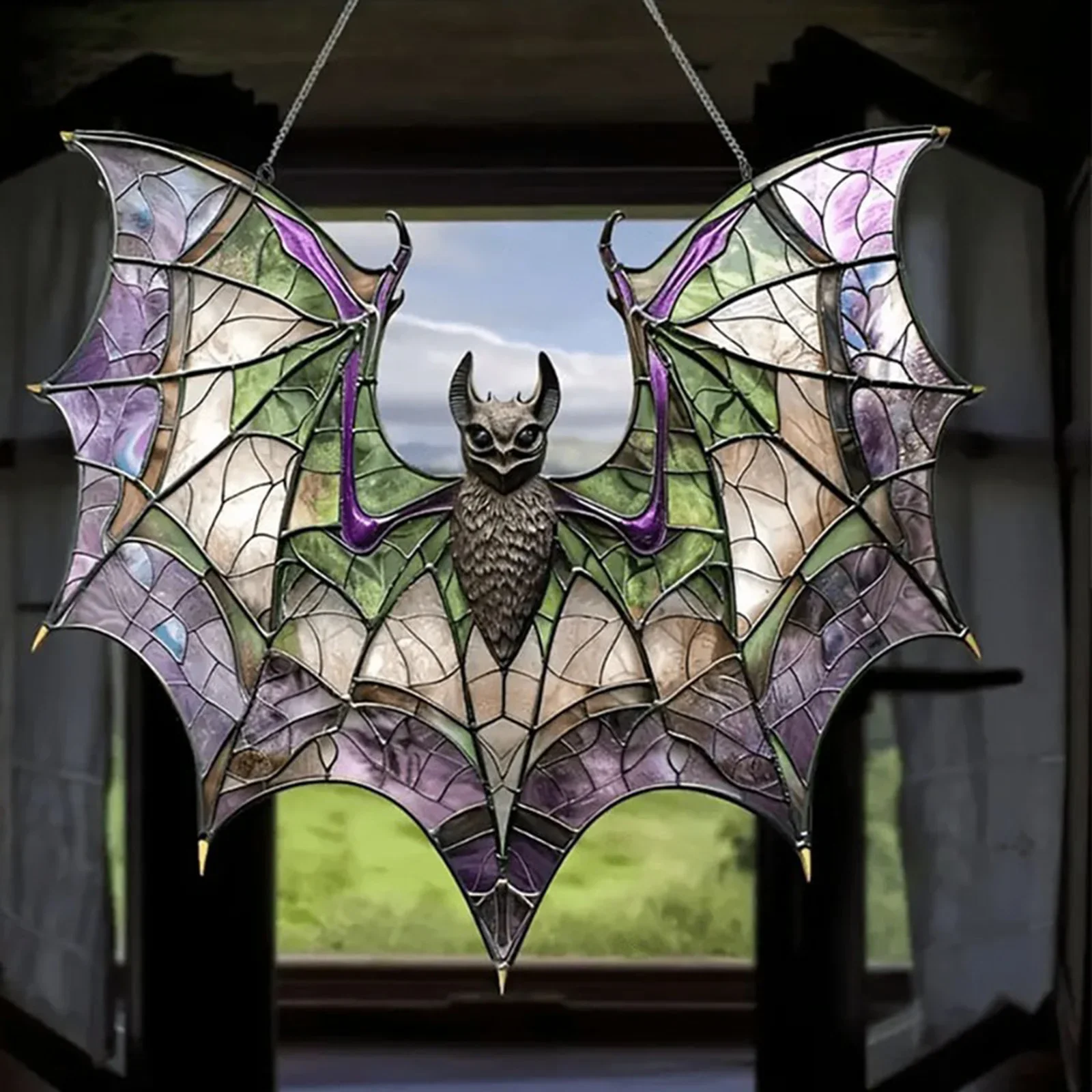 Halloween Hanging Bat Stained Window Bat Suncatchers Wall Art with Metal Chain for Home Indoor Outdoor Decoration Party Props