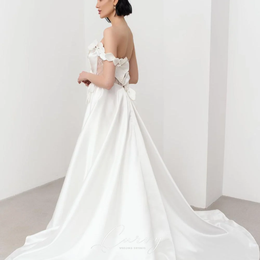Curvy Elegant Satin A‑Line Wedding Gown Off‑Shoulder Deep V Neck Sheer Lace Pearls Detail High‑Slit Garden Wedding Party 2026