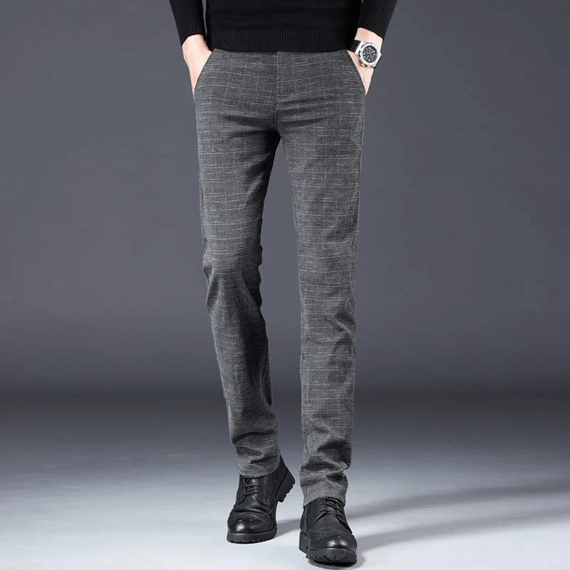 Autumn Winter Brushed Men\'s Slim Trousers Imitation Cotton Linen Elastic Small Straight Plaid Business Casual Black Trousers