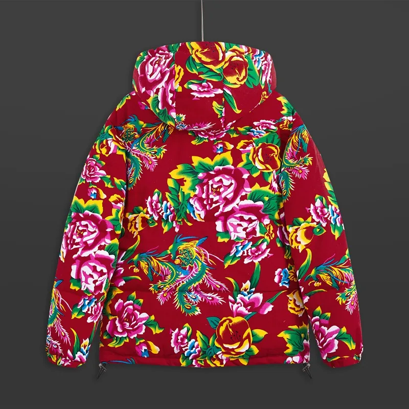 The New Winter Men's Hooded Warm Cotton Jacket Features A Vibrant Floral Pattern Design, Leading The Contemporary Fashion Trend.