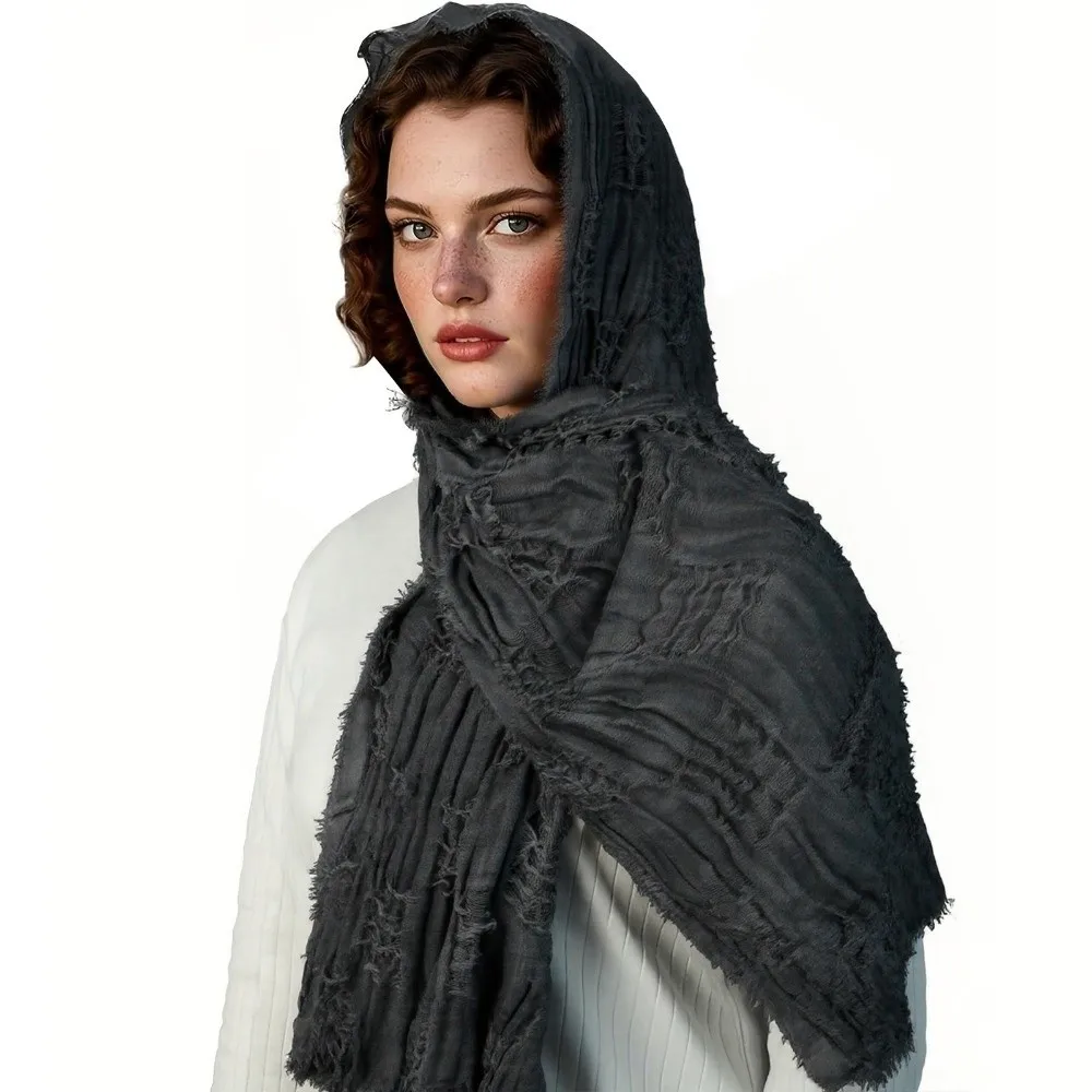 Gothic Distressed Hooded Scarf Polyester Metal Brooch Halloween Viking Cosplay Wrap Adjustable Costume Accessory Medieval Shawl