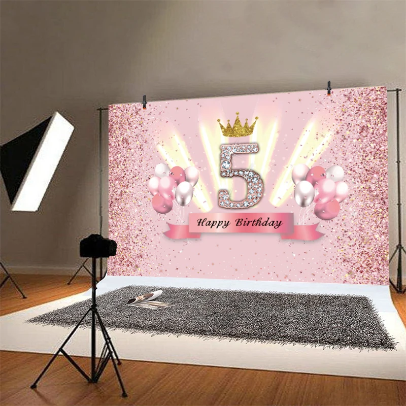 Pink 5th Birthday Backdrop Baby Shower Boys Girls Birthday Party Glod Crown Custom Photography Background Table Cake Decor Prop