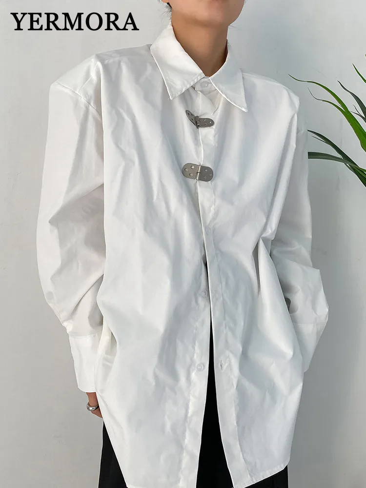 

YERMORA White Metal Button Big Size Casual Blouse For Women Lapel Long Sleeve Loose New Shirt Fashion Tide Spring Summer 2025