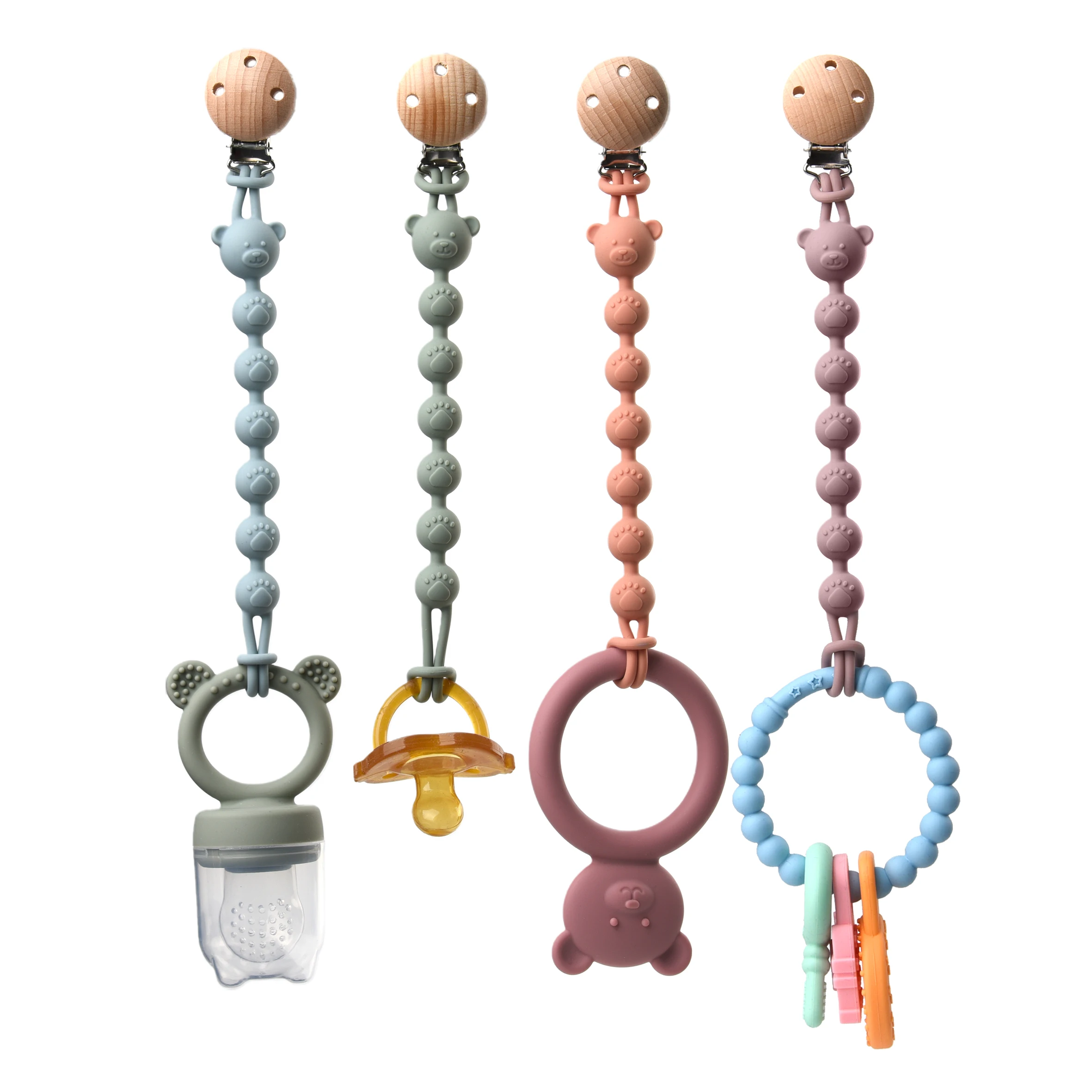 

Силиконовый держатель для соски, стильный дизайн в виде медвежонка, изготовлен из 100% пищевого силикона — незаменимый предмет безопасности для новорожденных.