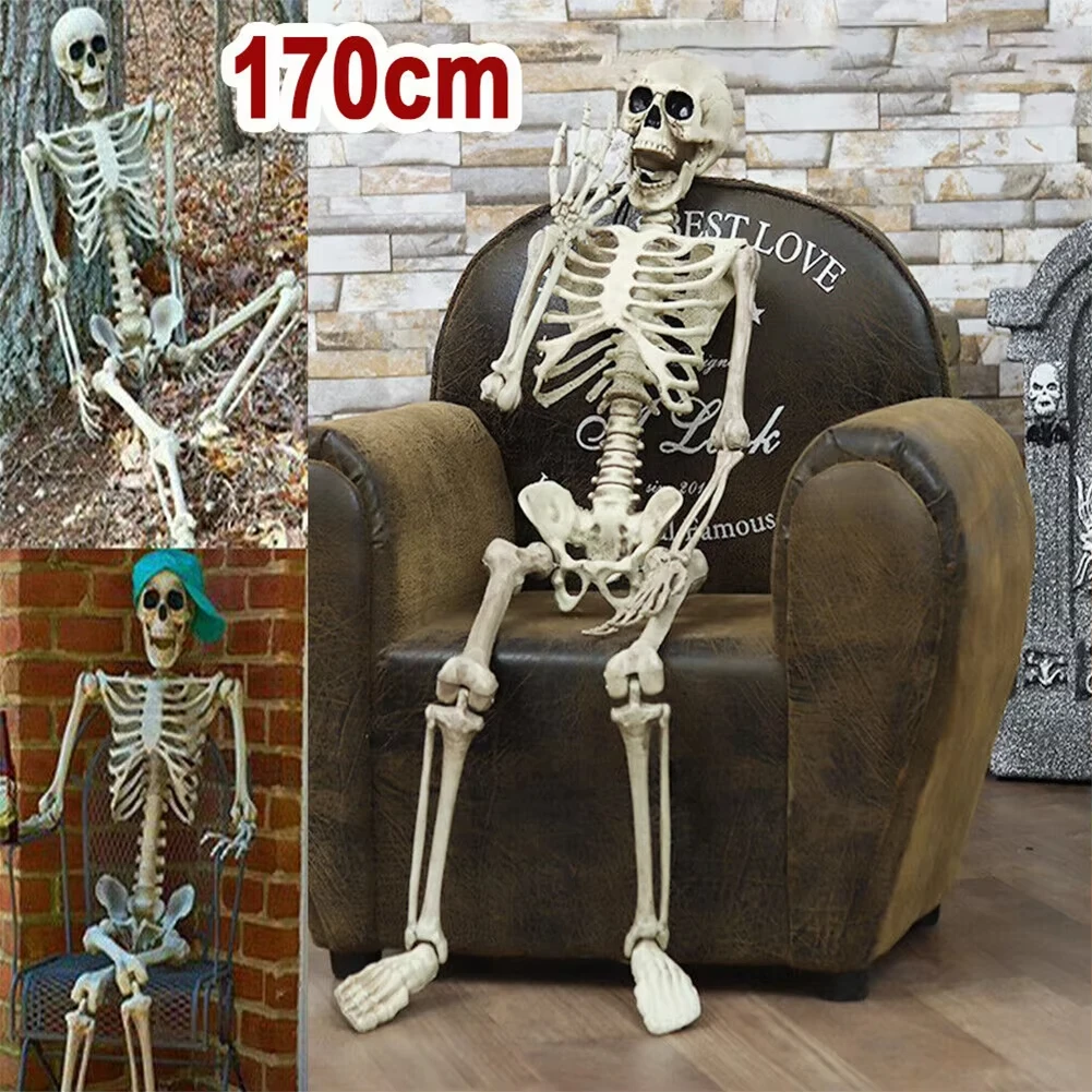Lebensgroßes Halloween-Skelett mit beweglichen Gelenken, Wetterfeste Außendekoration, Gruselige Party-Fotorequisiten