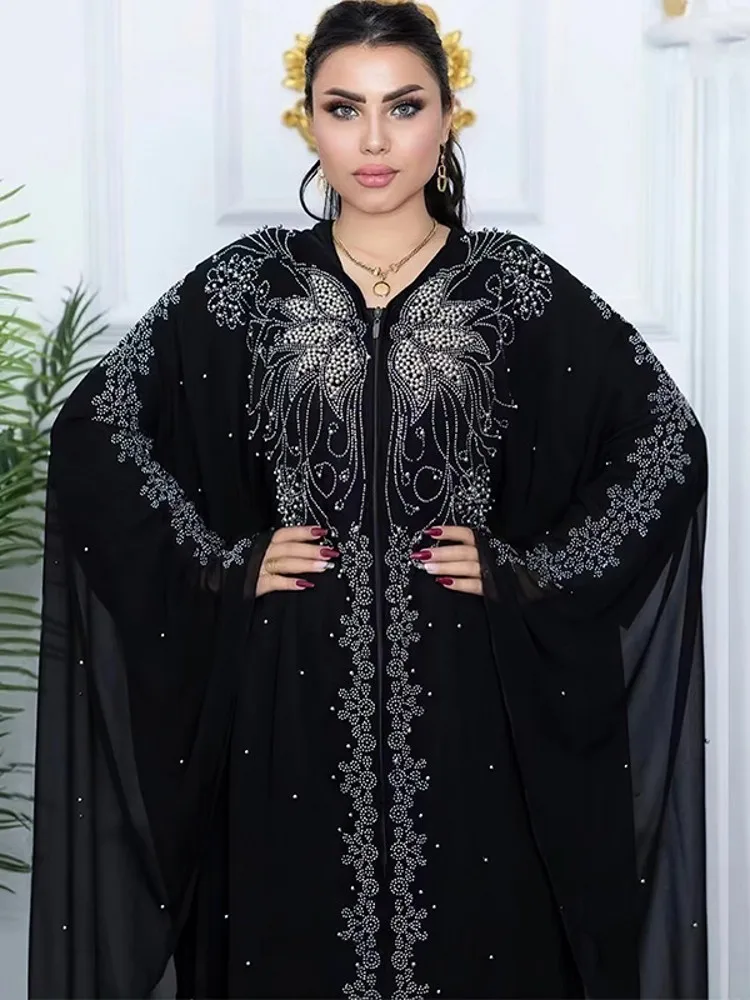 Abayas de Luxe en Mousseline de Soie Noire pour Femme, Boubou, Robe Musulmane, Caftan Marocain, Djellaba, ixde Mariage, Occasions, Dubaï