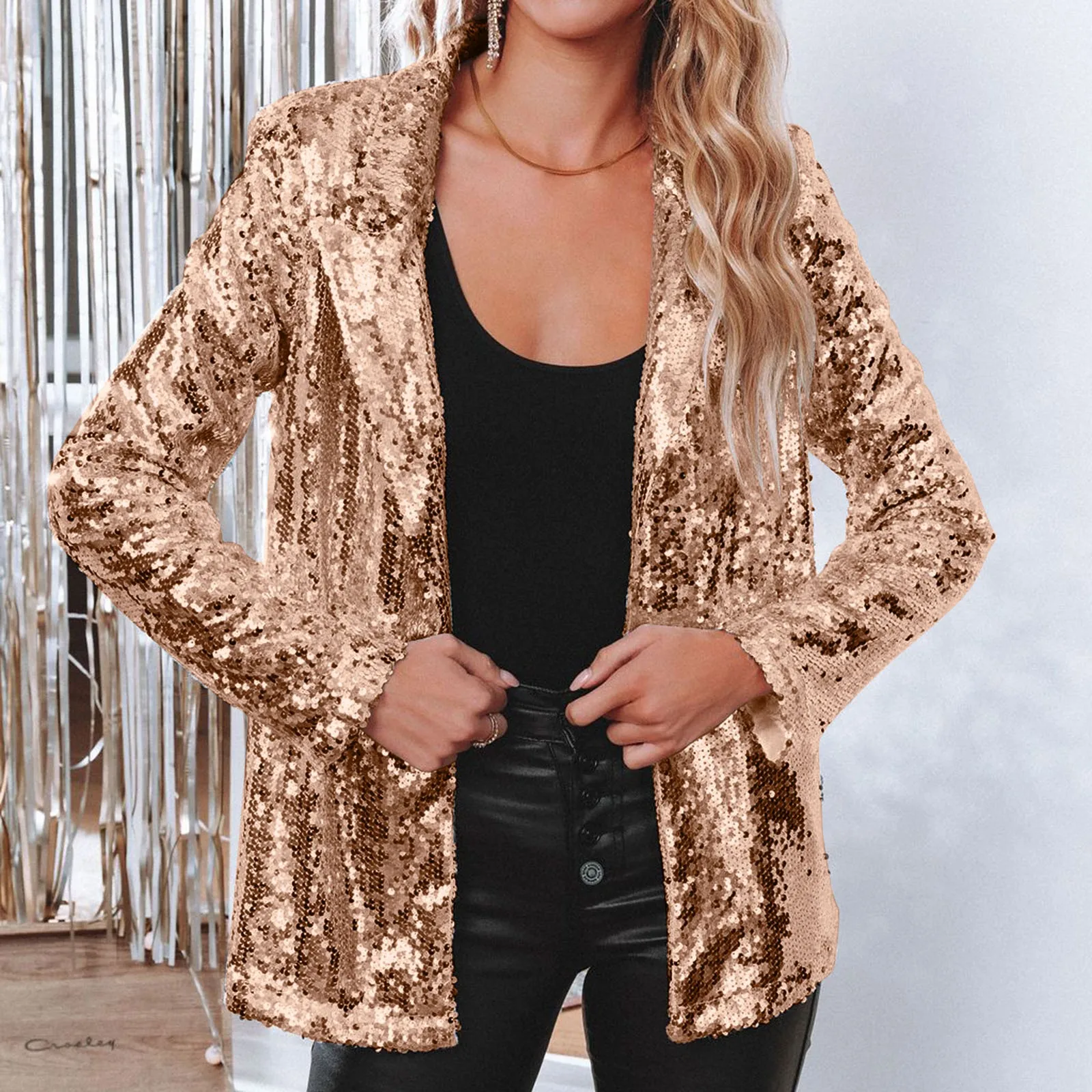 Shiny Evening Party Wear Jacket Golden Sequins Womens Suit Jackets Outerwear Long Sleeve Women's Glitter Lapel Suit Coat Women