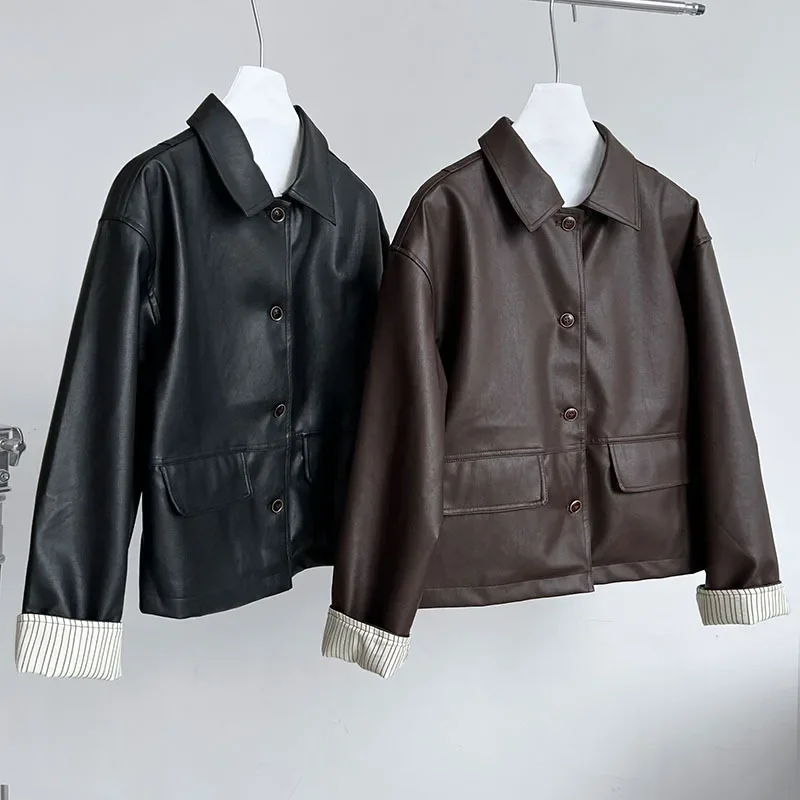 Vintage Kunstlederjacke mit Tasche, Knopfleiste vorne, lockere Passform, langärmelig, einfarbig, kurzer Mantel, Herbst-Damenbekleidung