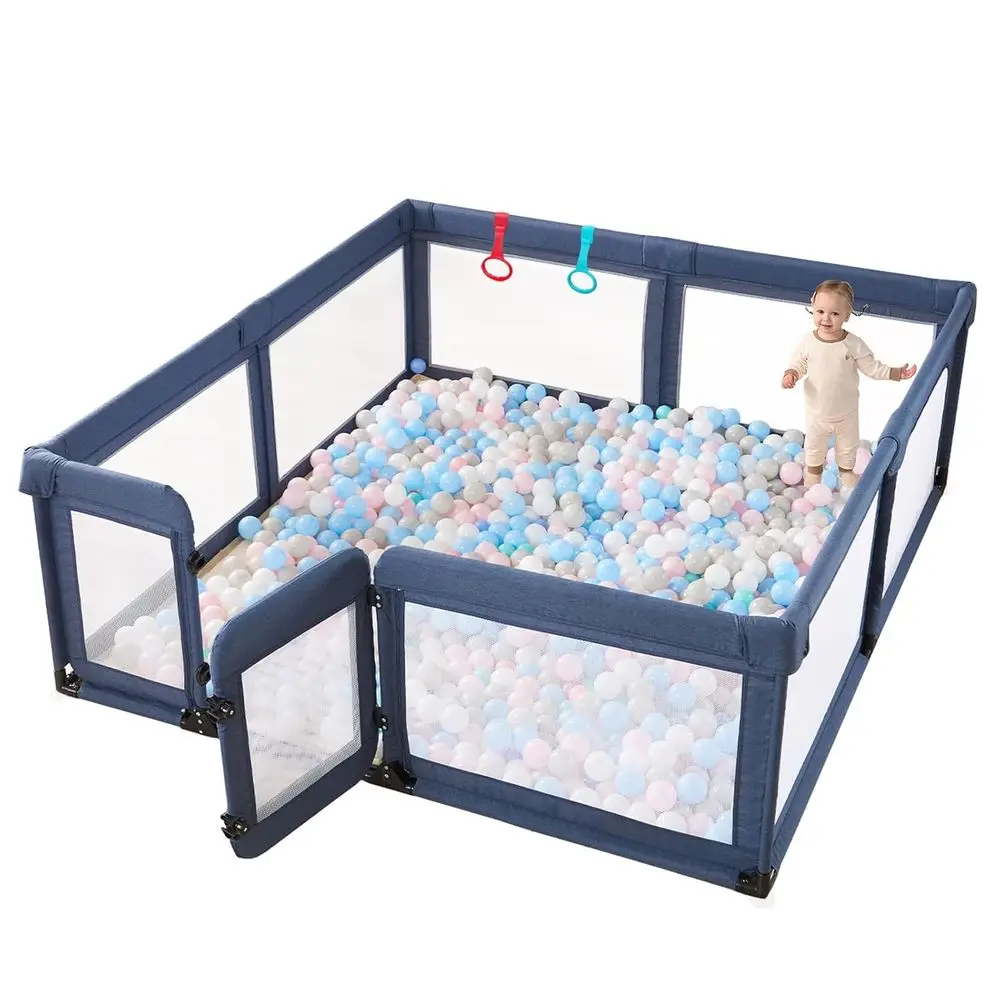 Extra Large Baby & Toddler Playpen with Safety Gate, Durable Cationic Navy Blue Play Yard, 79x59