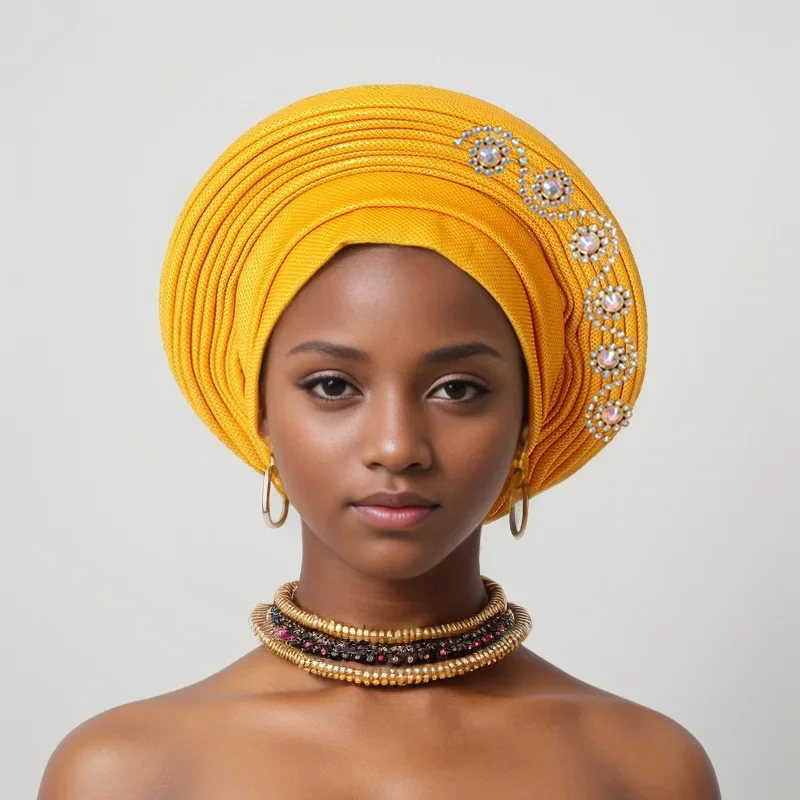 

African Auto Gele Headtie Women's Head Wraps Nigeria Wedding Party Head Ties Female Turban Cap Ready to Wear Diamonds Headwrap