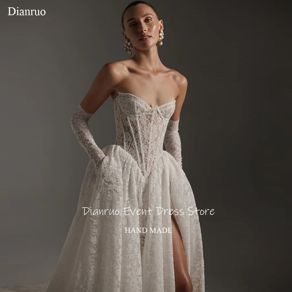 Dianruo Timeless Sweetheart Wedding Dress Lace Delicate Vestido De Noiva Appliques High Slit Bridal Robes De Mariée Customized