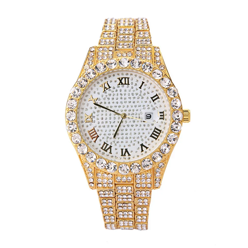 2pcs/set Rhinestone Large Dial Steel Strap Quartz Zinc Alloy Watch And Cuban Link Style Bracelet Set(1 Watch+1 Bracelet)