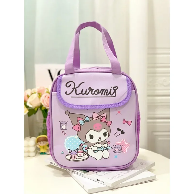 Sanrio กระเป๋าเก็บความร้อนกระเป๋าใส่ข้าวกลางวัน Hello Kitty Kuromi Cinnamoroll กระเป๋าใส่เบนโตะผ้าใบลายพิมพ์ใช้ซ้ำได้มีซิปกระเป๋าของขวัญสำหรับเด็ก