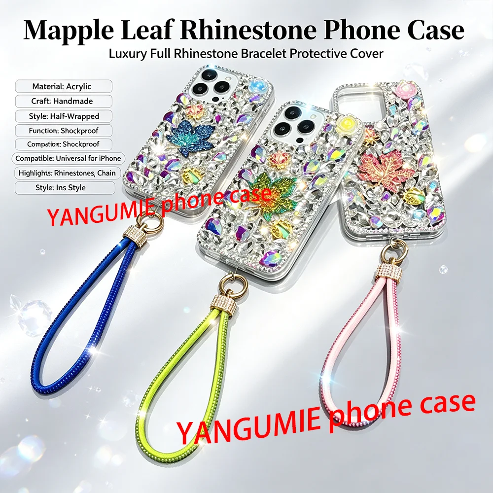 Suitable for iPhone 11, 12, 13, 14, 15, 16, 17 cases, maple leaf rhinestone design,full-coverage luxury bracelet protective case