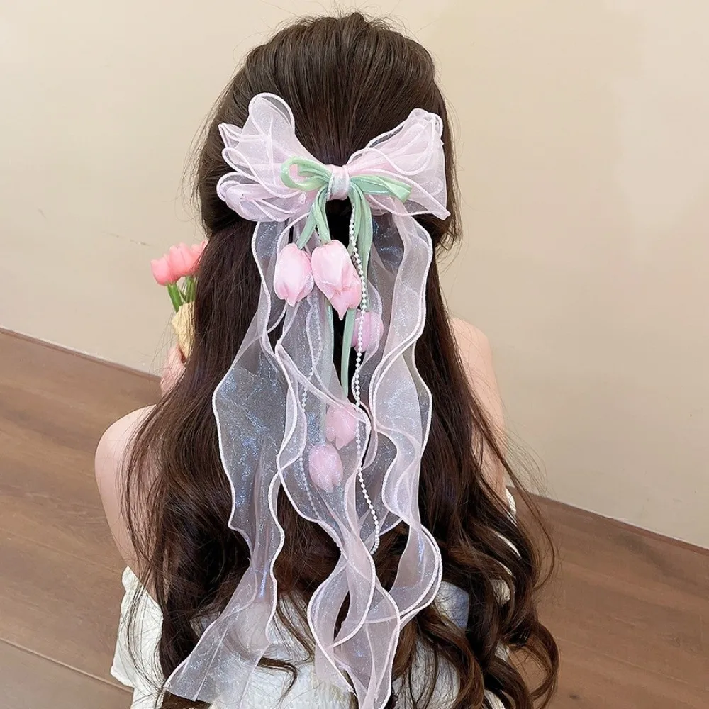 Pinza para el pelo estilo hada con tulipán, borla colgante, cinta de malla, flor de muguet, horquilla de lujo francesa con textura de gasa