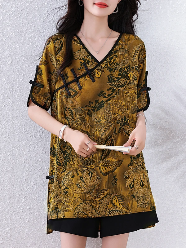 Cseta Fena de Manga Curta com Decote em V e Design de Botão, Csa Casual com Botões Assimétricos, Ajuste Solto, C...