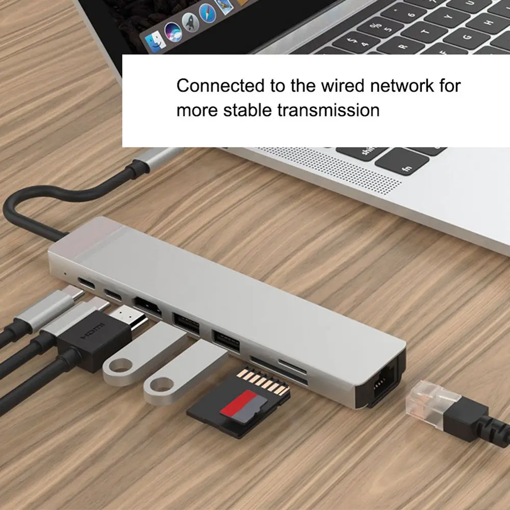 Type-C to HDMI 8-in-1 docking station to HDMI high-definition USB 3.0 splitter, card reader, network card PD power supply