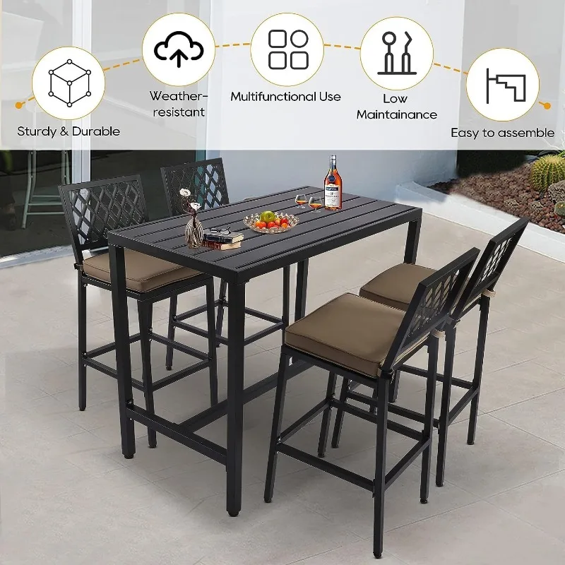 5-Piece Outdoor Patio Bar Set, Bar Height Patio Dining Set, Weather-Resistant Bistro Counter Pub Set with Cushions & Slatted