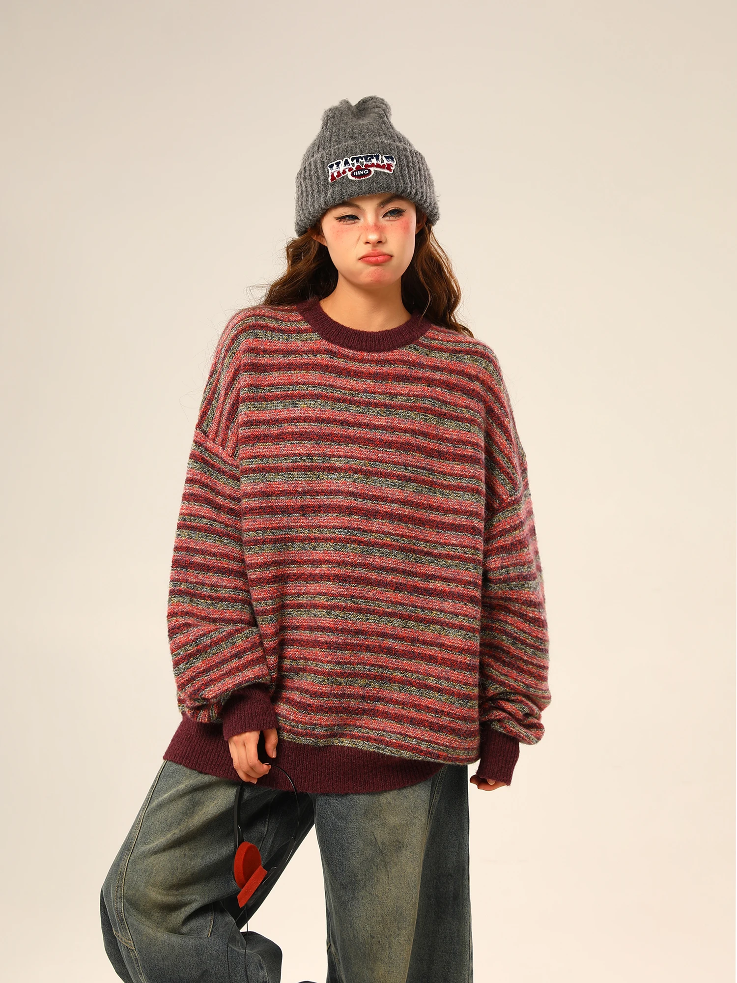 

Original Wild Azi Winter Stripe Knit Sweater Women's Mixed Yarn Loose Top Vintage Lazy Sle Street Faion Long Sve round...