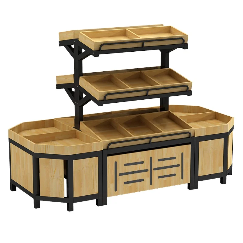 

Supermarket 3-layer Wooden Vegetable Shelf Double-sided Fruit Rack Fruit And Vegetable Display Rack