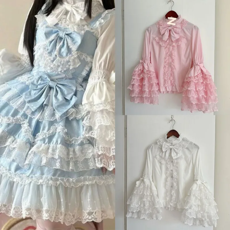 

Bow Gothic Dresses Y2K Lolita JK Women Suspender Ruffle Edge Dress Twin Black Red Blue Dark A-line Long Sleeved Suspender Dress