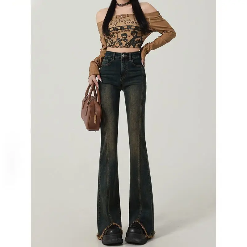 Cement gray slim-fit flared jeans for women, new autumn and winter style, stretchy frayed hem floor-length bell-bottom pants