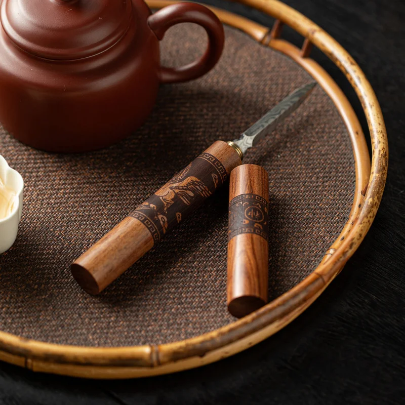 Dragon Horse Spirit Tea Knife Damascus Grain Stainless Steel Pu'er Tea Cutter With Ebony Handle Tea Cake Pry Tool For Tea Loves