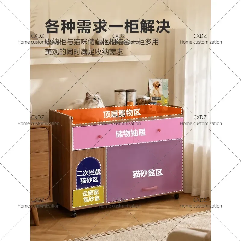 Walnut Cat Litter Box Cabinet Fully Enclosed Anti Splash Deodorant Movable Cat Toilet with Storage Integrated Furniture