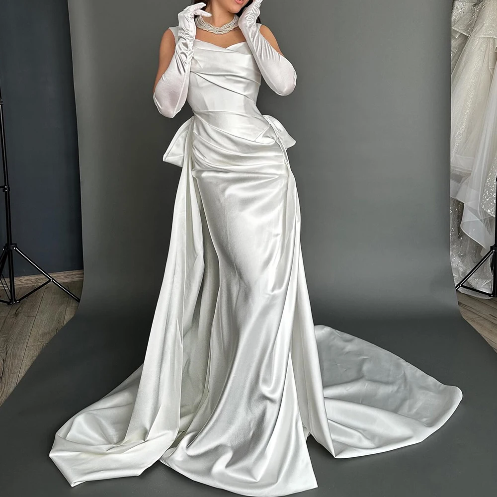 

Delicate Sheath Strapless Pleats Lace Up Back Wedding Dresses Temperament Sweep Train Satin Floor Length Detachable Sleeve Gowns