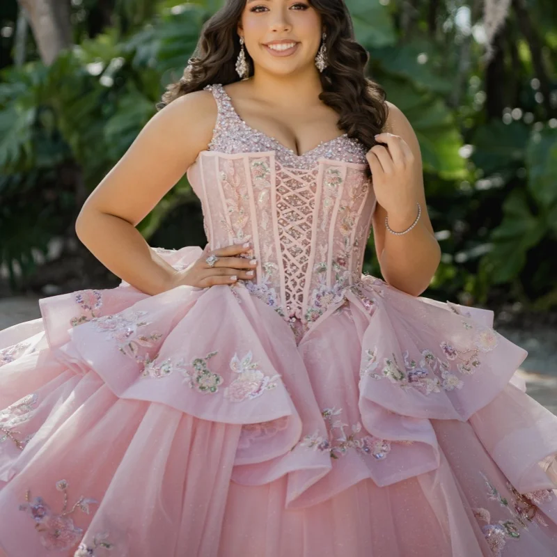 

Pink Quinceanera Dresses Off the Shoulder Crystal Decal 3D Flower Layering Long tail Bow Vestido De 15 Quinceanera Customize