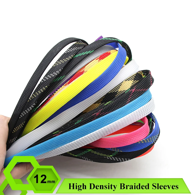 

2/5/10/20/50m Braided Sleeves 12mm Cable Management Protection High Density PET Wire Protect Case Cover Snake Skin Cable Sheath