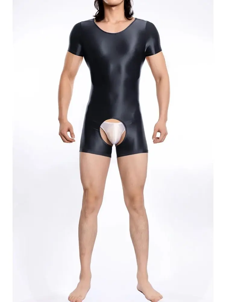 

M XL Unisex Glossy Shiny Short Sleeve Catsuit Playsuits Crotchless Open Crotch Bodysuit Tights Hot Sexy Transparent Body Teddies