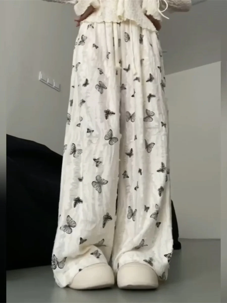 나비 프린트 캐주얼 바지 여성 여름 루즈핏 스트레이트 레그 와이드 레그 바지 통통한 Mm 파란색 구멍 얇은 바지 