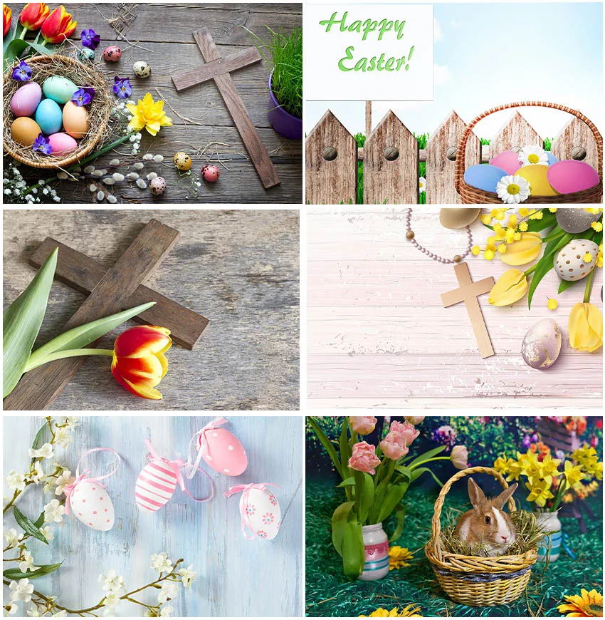 Spring Easter Wood Boards Cross Blessing Tulip Flower Basket Rabbit Bunny Backdrops Natural Scene Photo Studio Decor Backgrounds