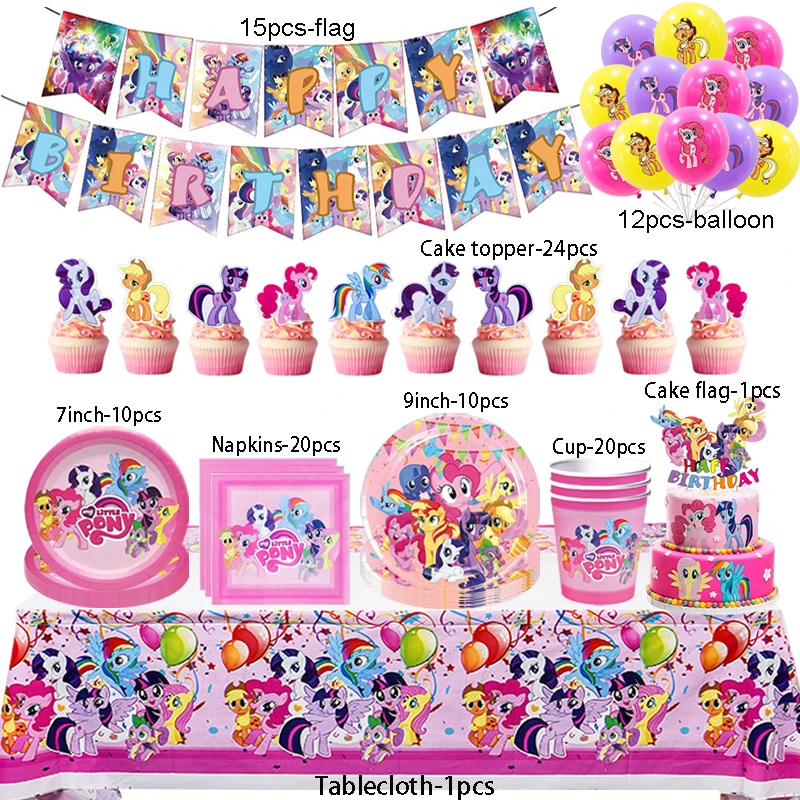 My Little Pony Decorazione per festa di compleanno Set di stoviglie usa e getta Bomboniere per ragazze Piatti Pony rosa Tazze Topper per torta Baby Shower