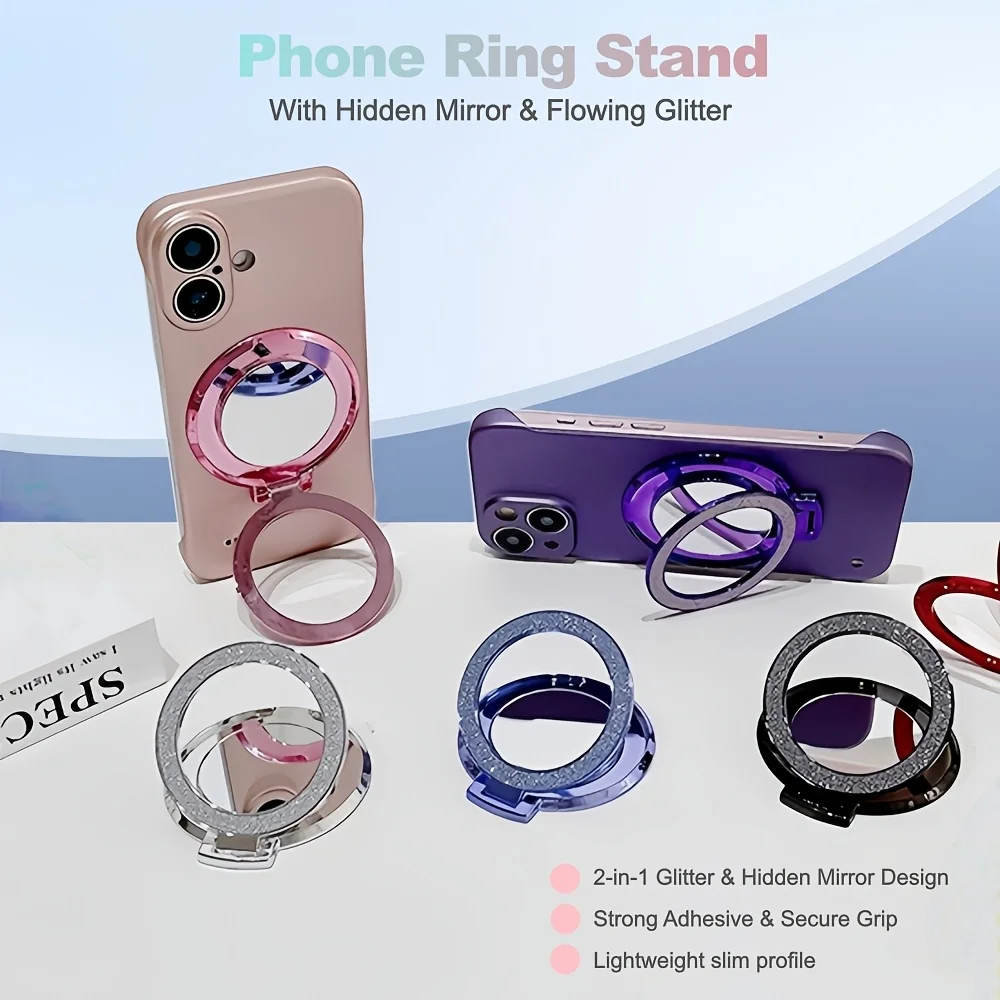 Shiny phone ring stand, hidden makeup mirror design, strong adhesive adjustable phone stand, universal hands-free phone stand, cute shiny phone decoration, specially designed for women and girls - Detail 1