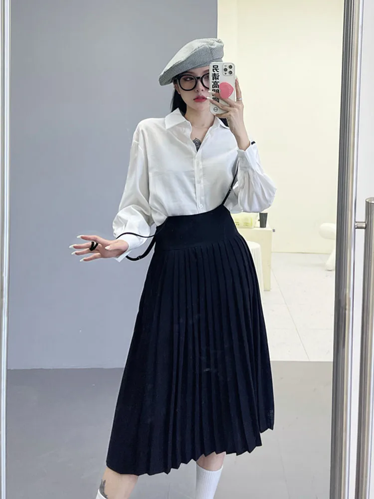 

SONNEESD Autumn High Waist Personality Tooling Loose Skirt Pleated Design Vintage Streetwear Harajuku Black Mid-Calf Sling Skirt