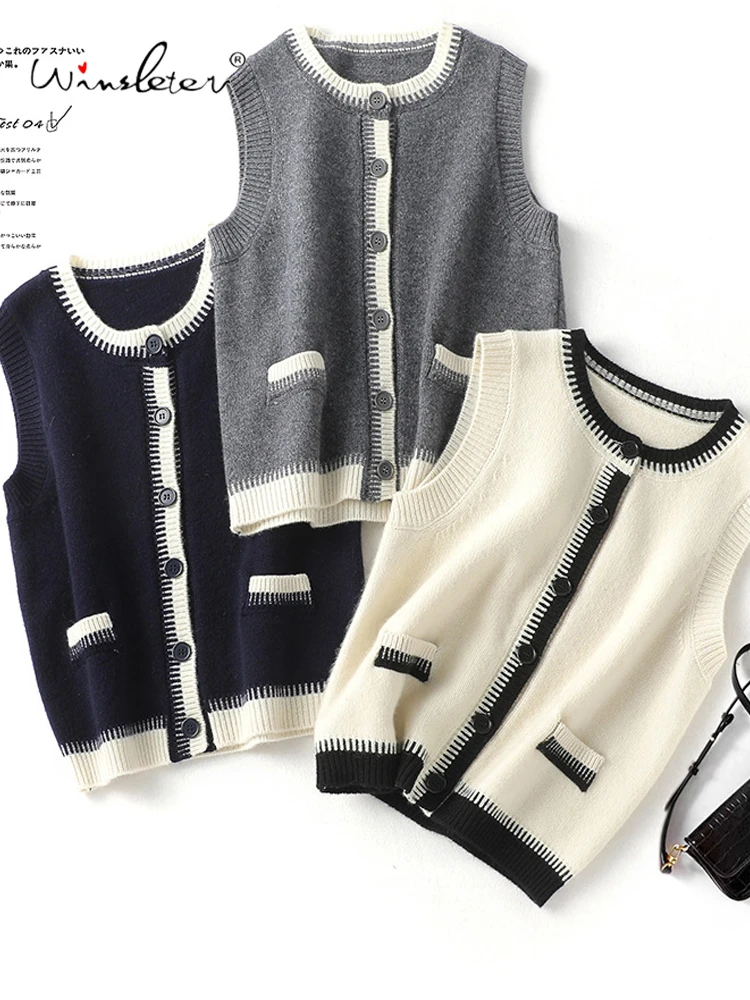 

Winsleter-100%Merino Wool Elegant Vest Sweater, O Neck Buttons, Women Fashion Commute Knit Cardigan Vest, 2025 Autumn T59604CC