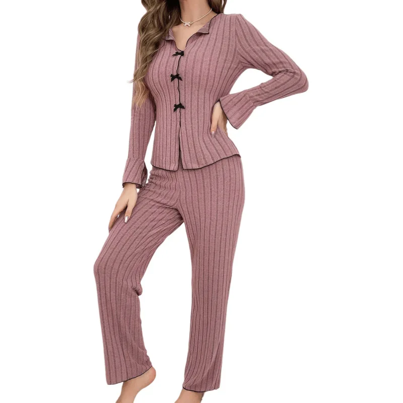 Autumn and winter sleepwear woman lapel bow fashion sexy long sleeve trousers home suit woman