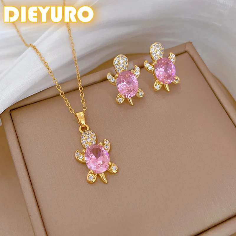 DIEYURO 316L Stainless Steel Pink Sweet Cute Animal Crystal Tortoise Necklace Earring Set Girl New Trend Non-fading Jewelry Gift