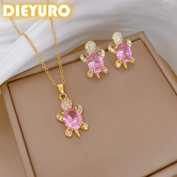 DIEYURO 316L Stainless Steel Pink Sweet Cute Animal Crystal Tortoise Necklace Earring Set Girl New Trend Non-fading Jewelry Gift