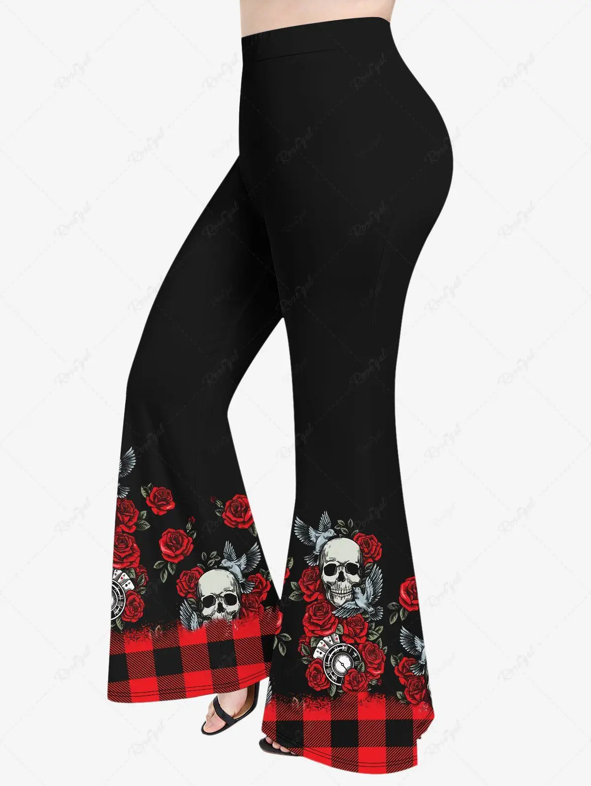 Autumn 2023New Halloween 3D Skull Rose Flower Plaid Bird Pumpkin Bat Flame Print 2 in 1 T-shirt Or Flare Pants Daily Casual Set